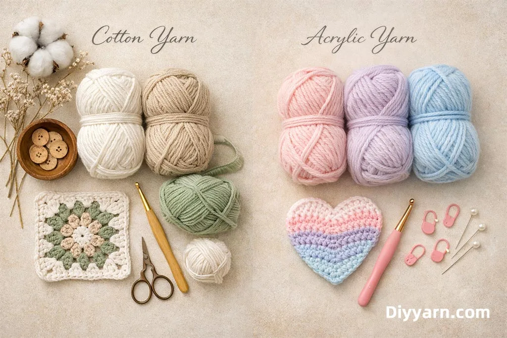 Cotton yarn and acrylic yarn for crochet displayed side by side